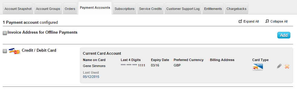 Payment accounts page.