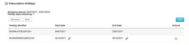 Example of subscription holidays menu within the eSuite HQ interface